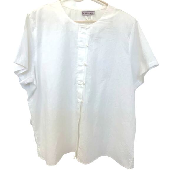 Cabrais Boxy Vintage Blouse XL White Toggle Front Shoulder Pads 80's Cottage USA - Picture 1 of 5